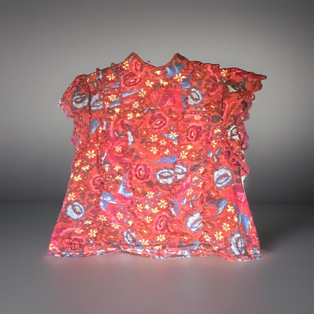 FARM Rio Womens M Red Blue Pink Floral High Neck Cap Sleeve Button Blouse